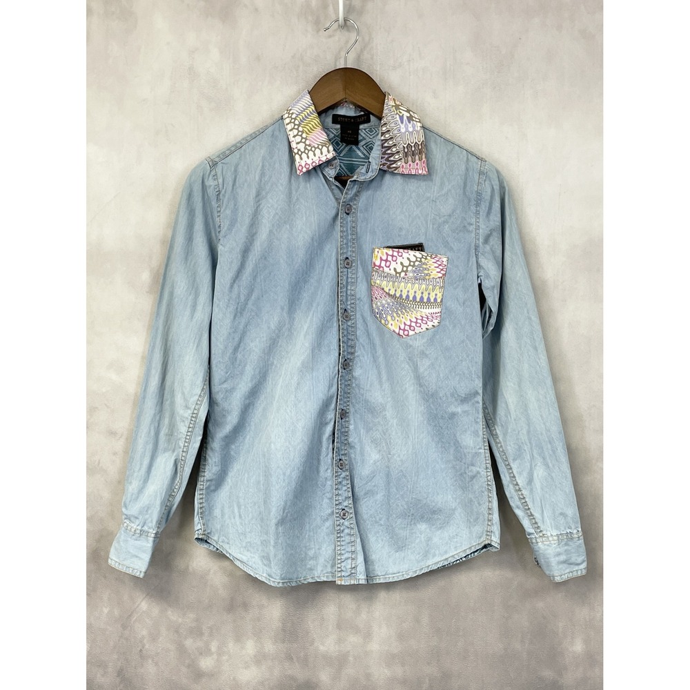 Stone Craft Chambray Denim Button Down Shirt Women‎ XS Cotton Folk Indie Boho